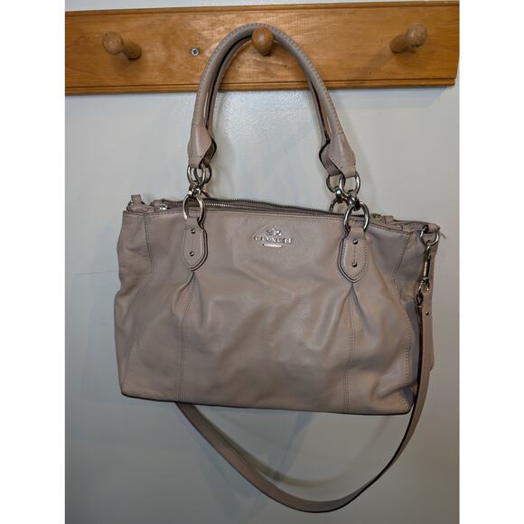 Coach Leather Satchel Taupe Greige Crossbody Bag Silver Hardware Zip Top Pockets - Picture 1 of 14